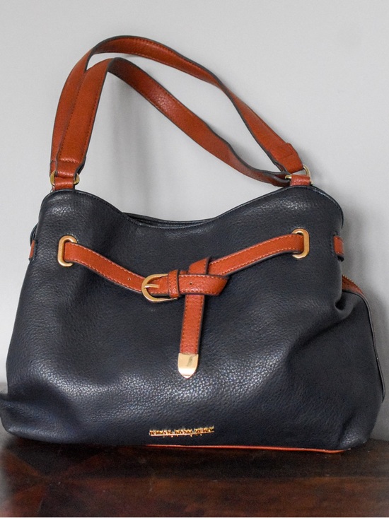 Jones New York Handbags - Jones New York Satchel in Cognac and Blue Top Handle w/Strap and Belted Detail